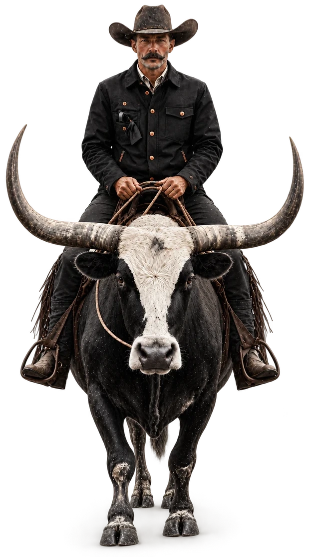 A Western rider seated on a longhorn