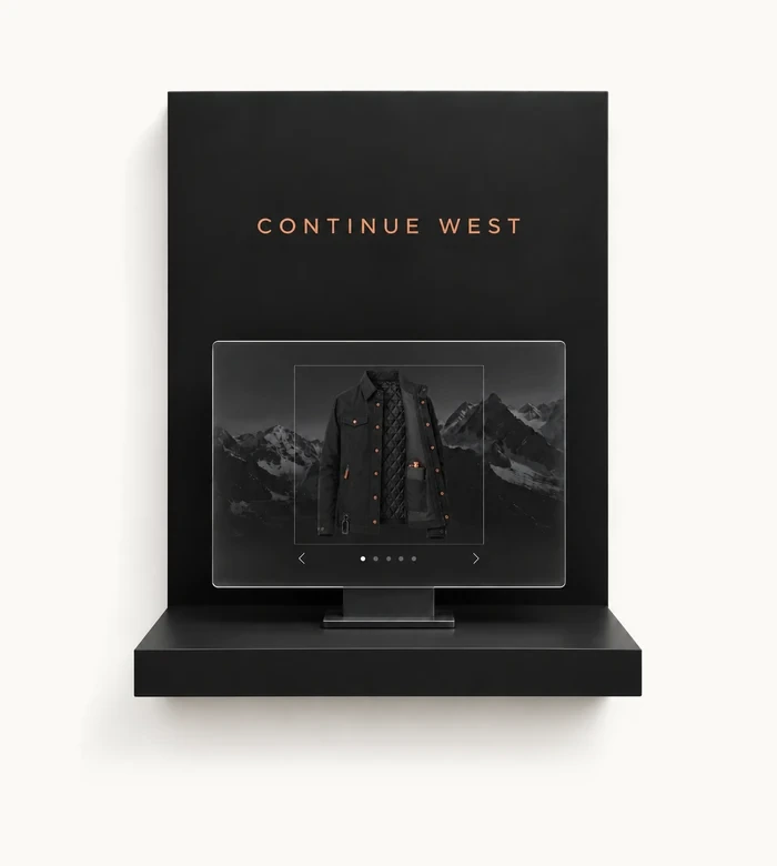 Continue West product display screen on a matte shelf