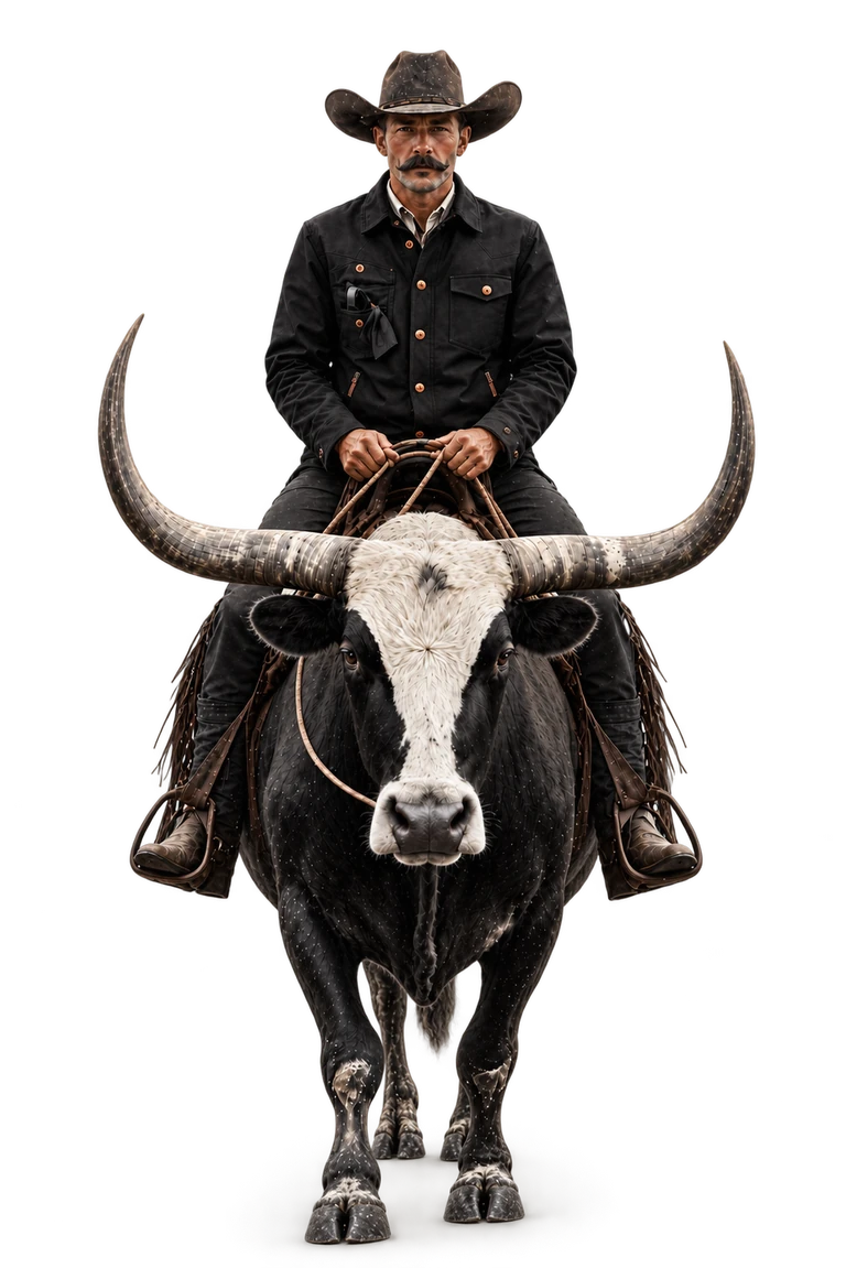 A Western rider seated on a longhorn