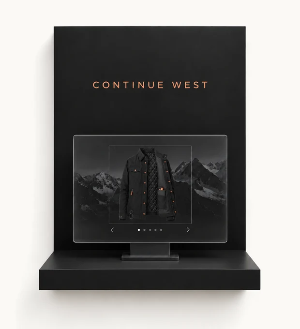 Continue West product display screen on a matte shelf